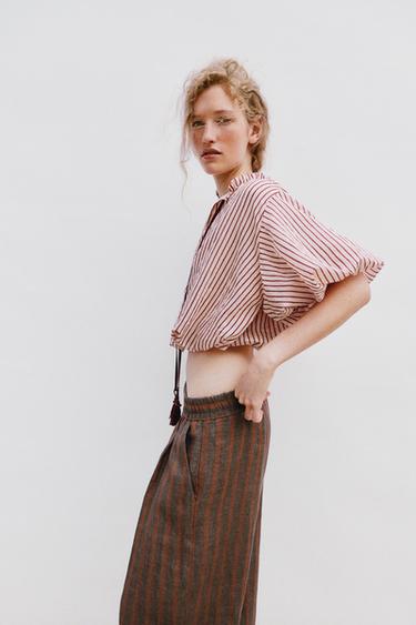 STRIPED TOP WITH TASSEL TIES - Ecru / Maroon by Zara - Image 2