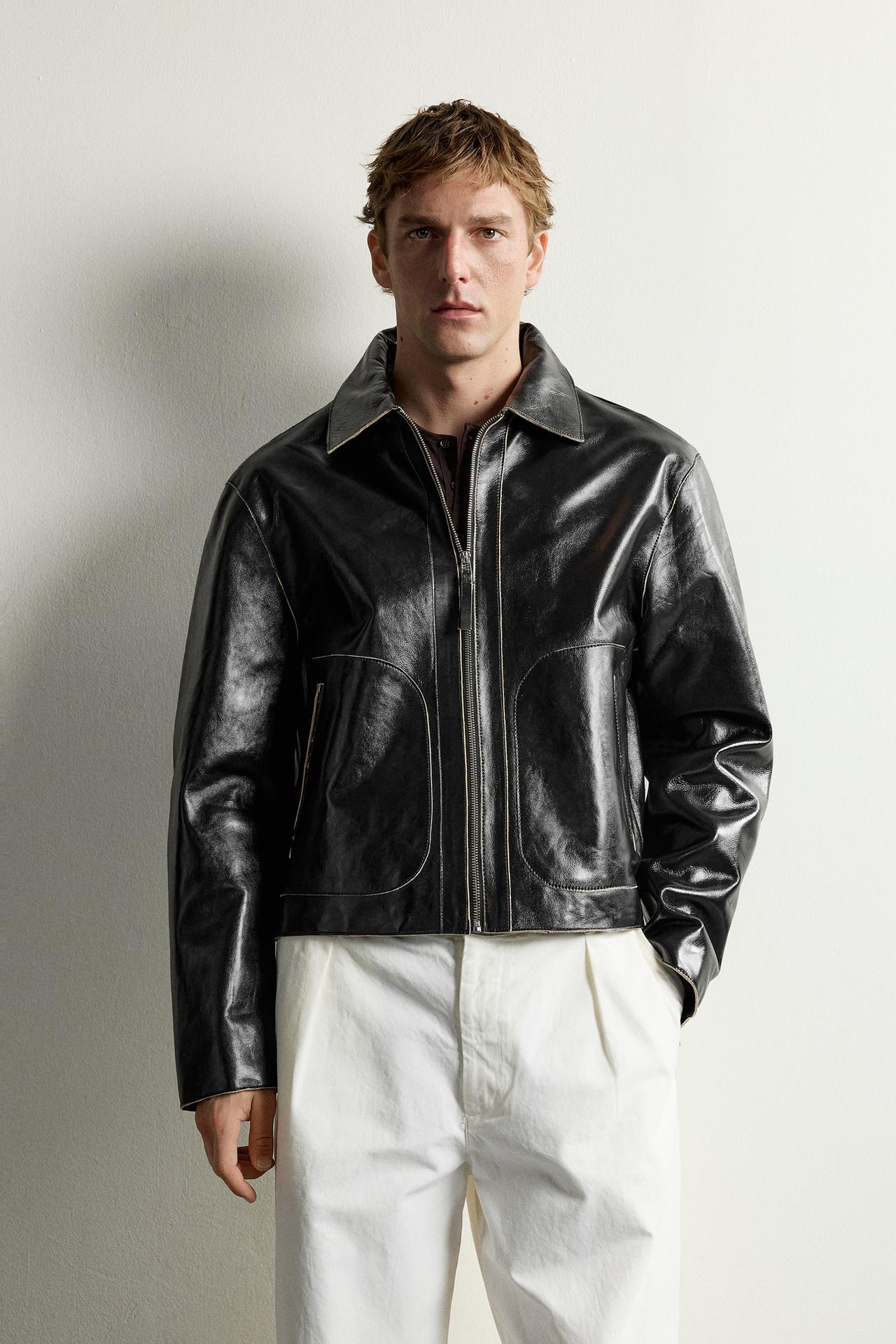 CROPPED LEATHER JACKET — Black