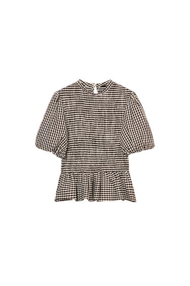 GINGHAM SMOCKED TOP - Brown / Ecru by Zara