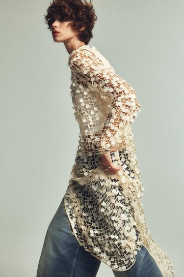 Zara SEQUIN MAXI DRESS - Ecru