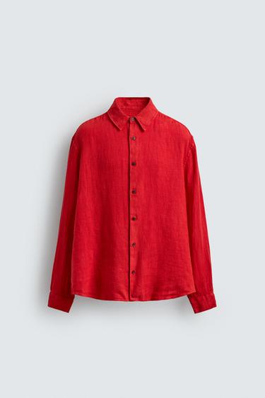 100% LINEN REGULAR FIT SHIRT - Red by Zara