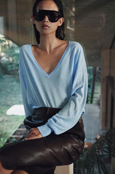 Zara FINE KNIT V-NECK JUMPER - Pastel blue