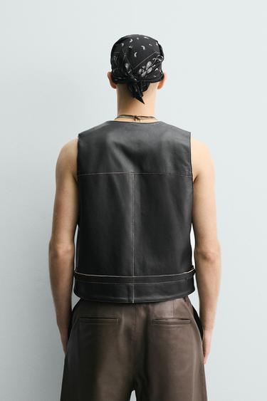 GILET EN CUIR COUTURES CONTRASTANTES - Noir de Zara - Image 2