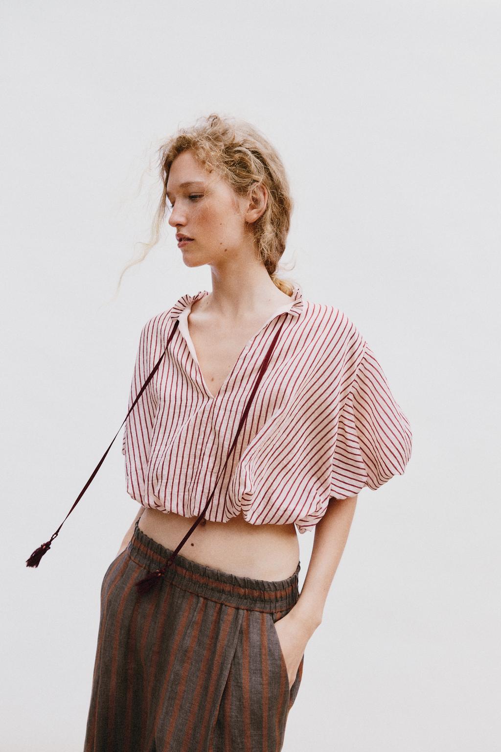 TIED STRIPED PUFF-SLEEVE TOP