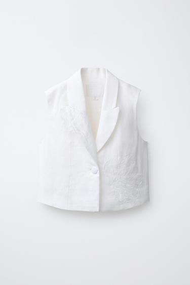 FLORAL EMBROIDERED 100% LINEN WAISTCOAT - Ecru by Zara