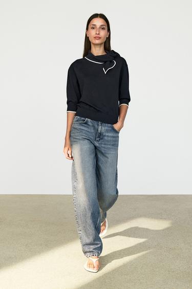 Pull en maille 100 % coton avec détail foulard - Bleu marine de Zara - Image 0