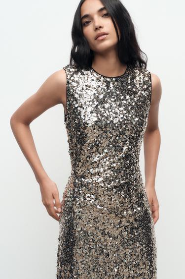 ROBE MI-LONGUE À PAILLETTES - Doré de Zara - Image 1
