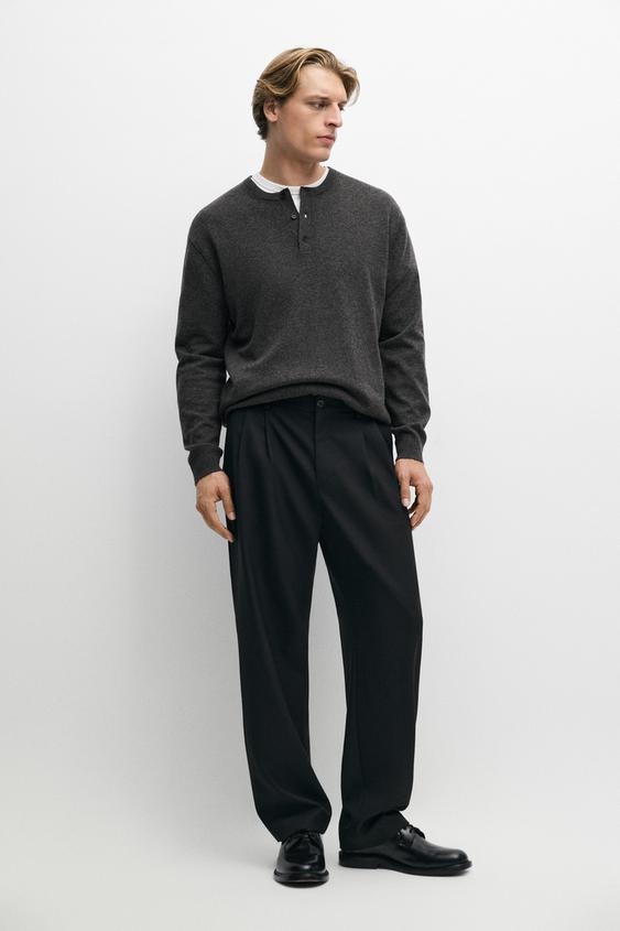 Zara Relaxed fit suede pants with double pleats - Navy blue - Image 0
