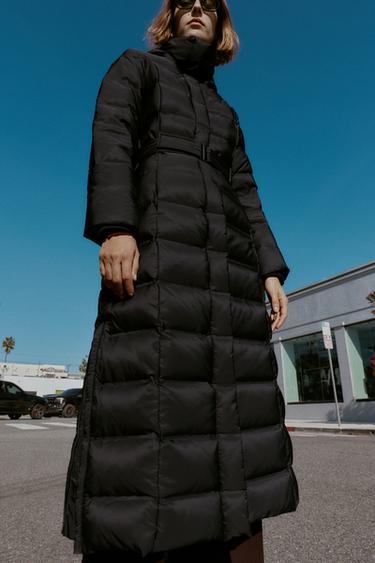 Zara 連帽腰帶撥水防風羽絨外套 - 黑色