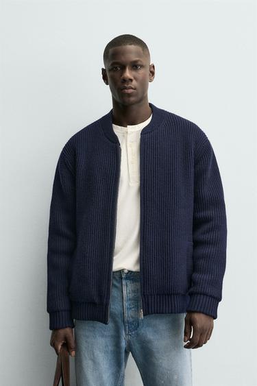 Zara QUILTED KNIT BOMBER JACKET - Navy blue