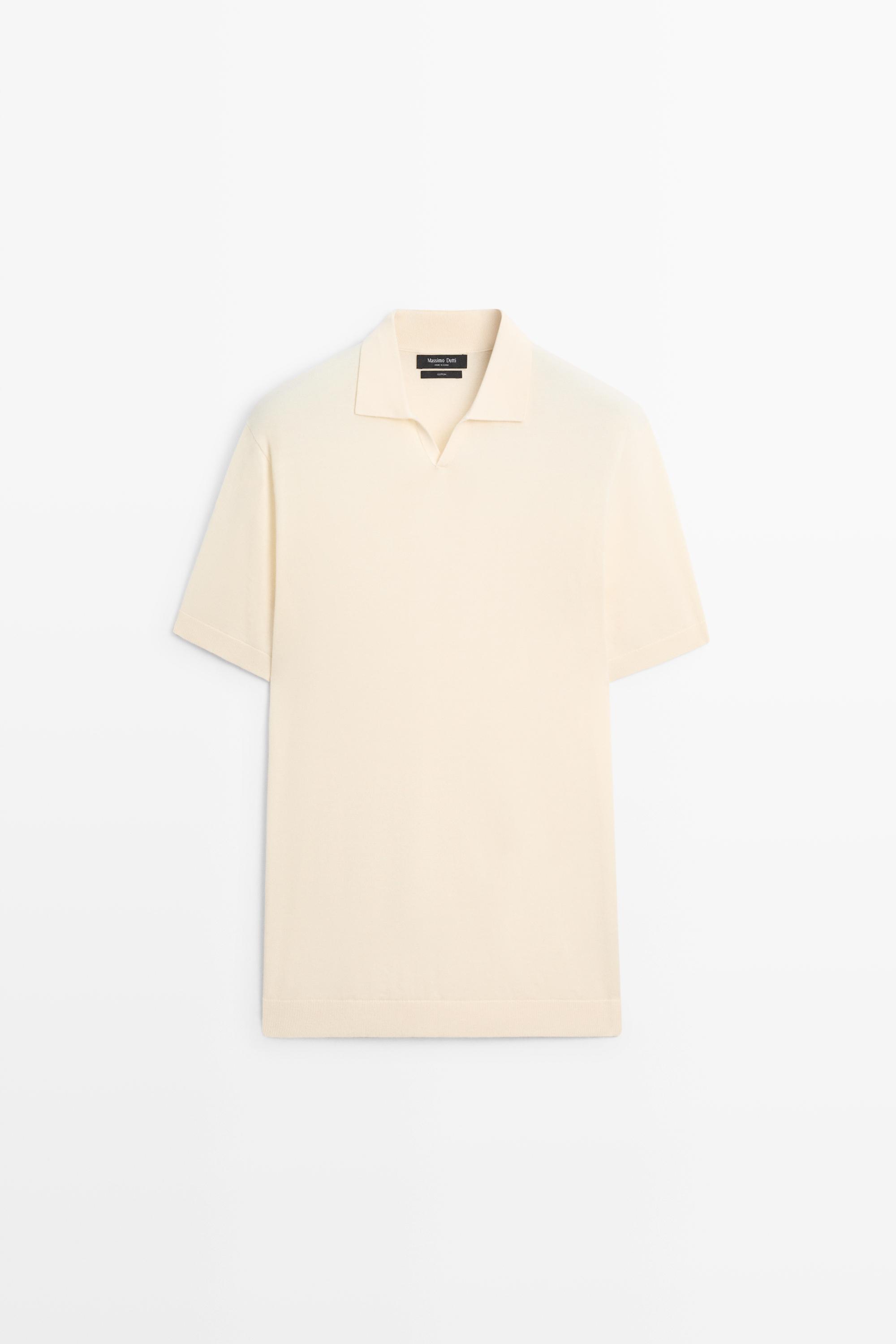 100% cotton V-neck knit polo — Ecru