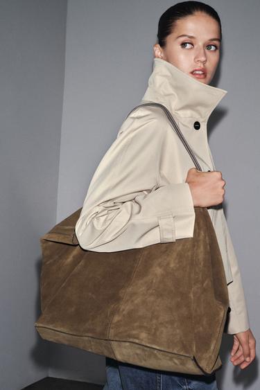 Zara MAXI SPLIT LEATHER SHOPPER BAG - Khaki Green