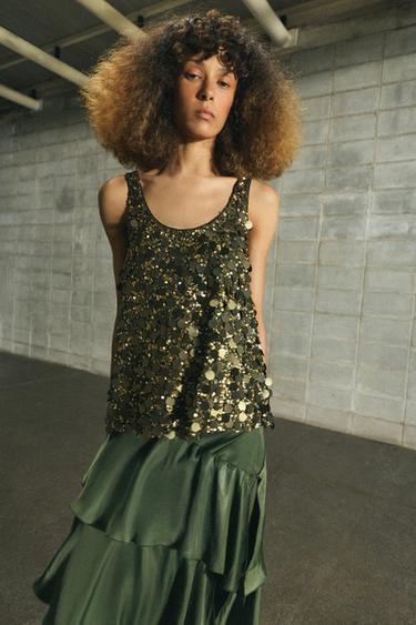 TOP FLUIDO COM LANTEJOULAS - Verde da Zara