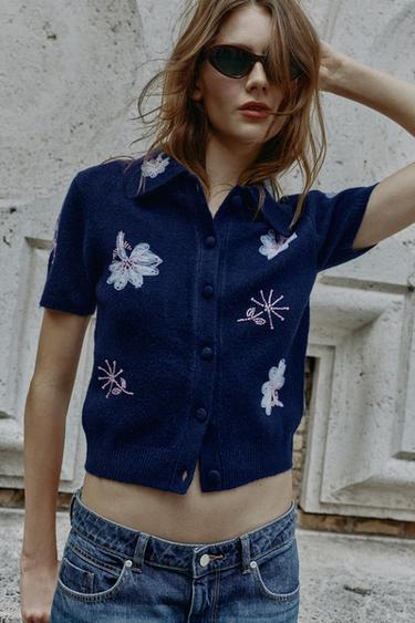 SHORT SLEEVE BEADED CARDIGAN — Ink blue 2