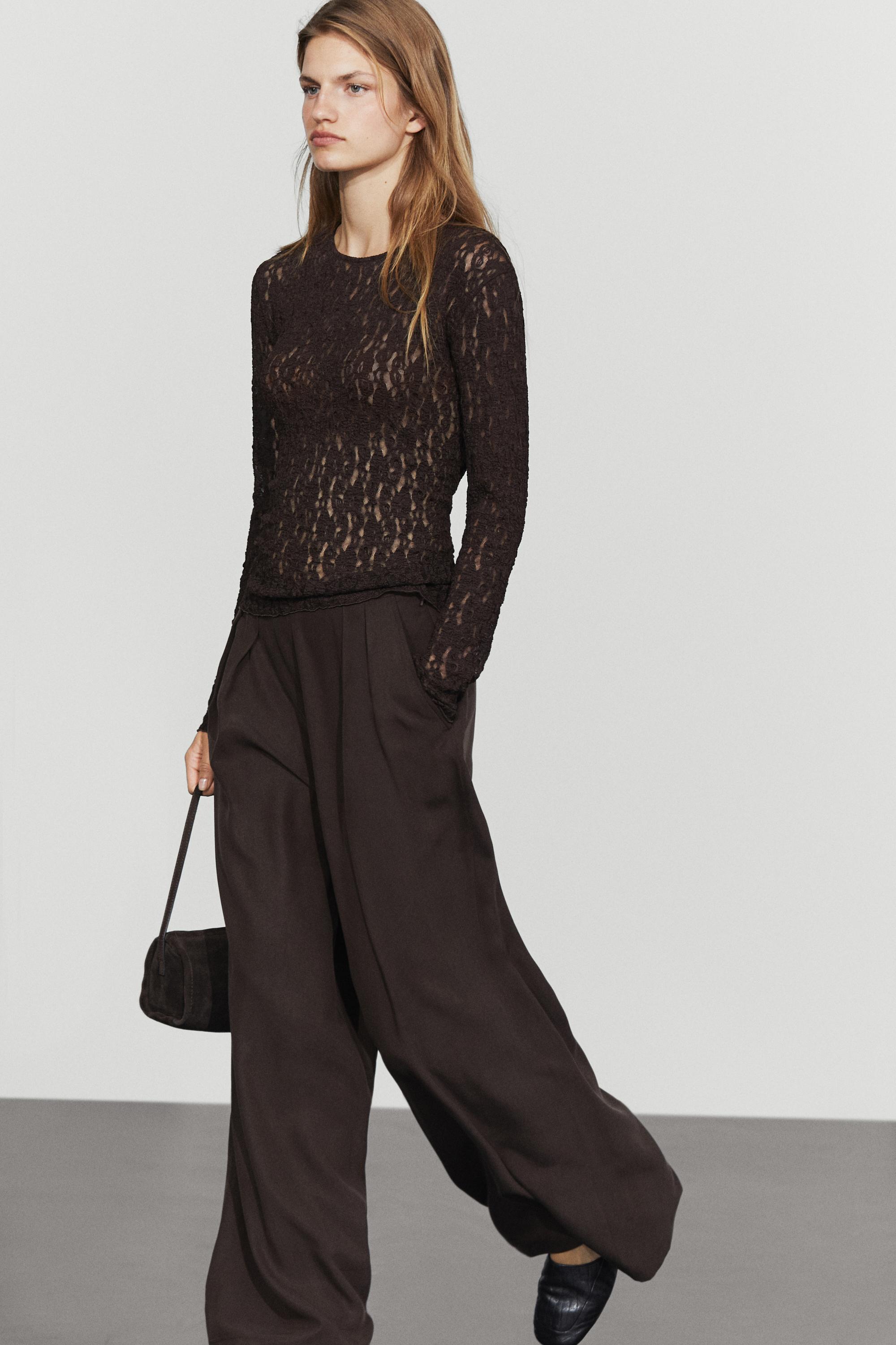 Long sleeve lace detail T-shirt — Brown