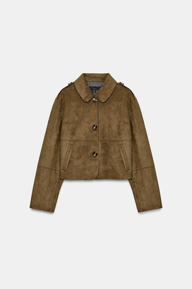 SHORT FAUX SUEDE JACKET - Dark khaki by Zara