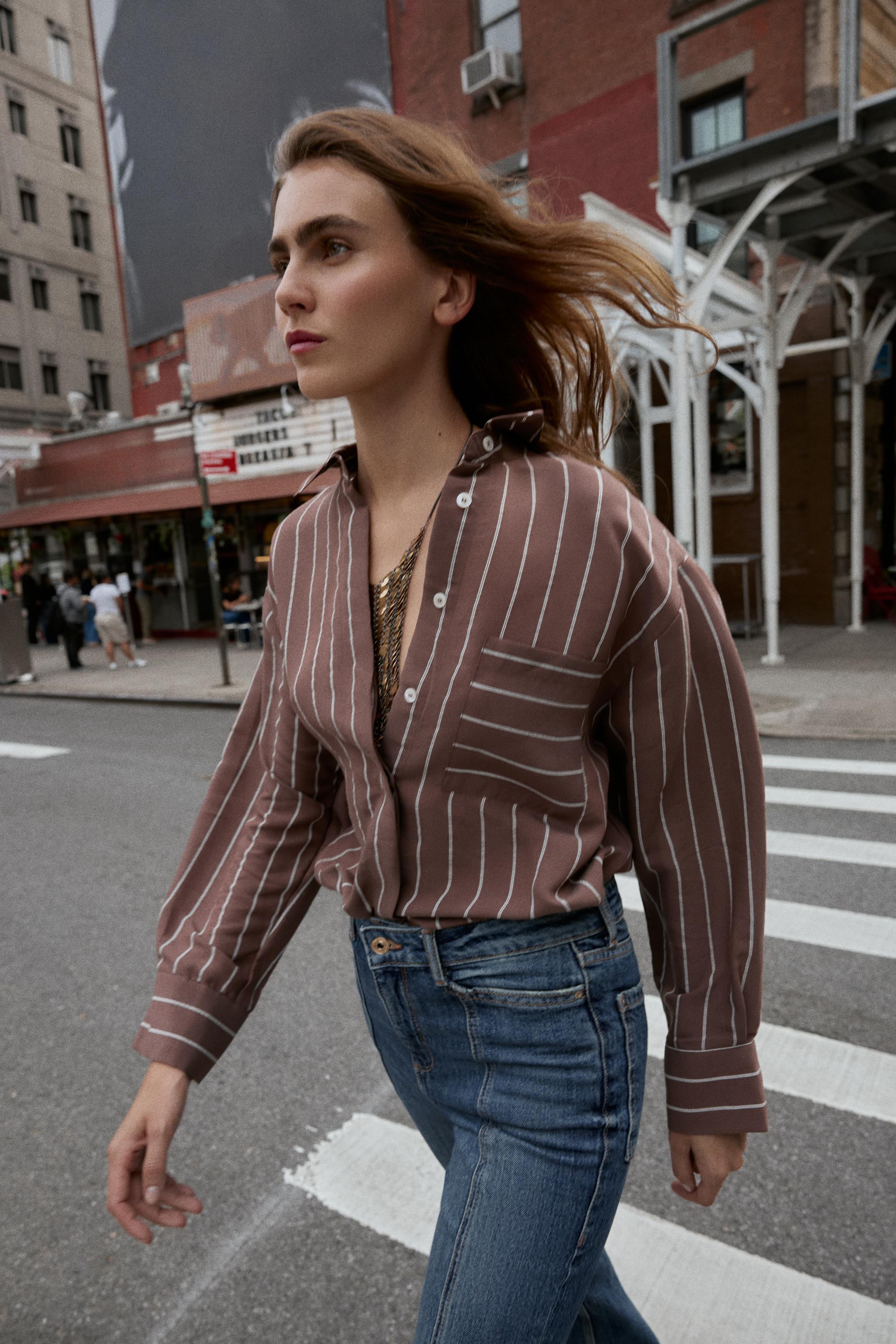 ストライプ柄ポケットシャツ - ブラウン/ エクリュ | ZARA Japan