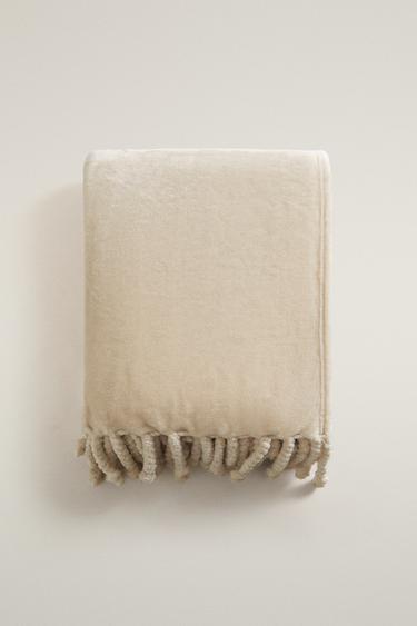 Zara FRINGED FLEECE BLANKET - Beige