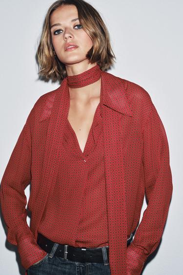BLOUSE IMPRIMÉE À NŒUDS ZW COLLECTION - Rouge de Zara - Image 3