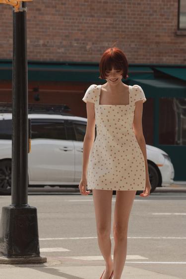 MINI DRESS WITH TIE-UP BACK AND DOTS - Ecru / Brown by Zara