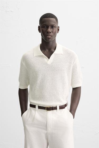Zara OPEN TEXTURED KNIT POLO SHIRT - White
