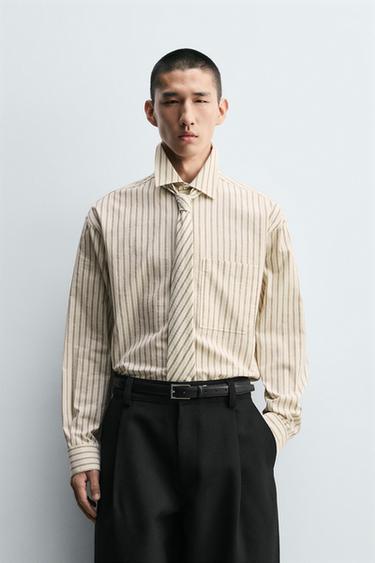 STRIPED SHIRT WITH CONTRAST TIE DETAIL - Sand by Zara