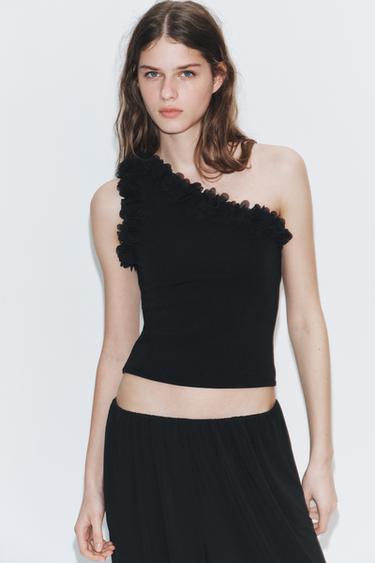 Zara ASYMMETRIC FLORAL TOP - Black