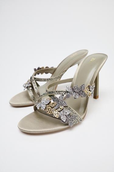 SANDALES À TALONS FLEURS STRASS - Vert kaki de Zara - Image 2