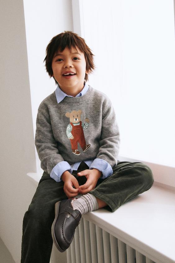 EMBROIDERED BEAR KNIT JUMPER - Taupe grey by Zara - Image 0
