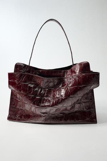 Zara MAXI CITY BAG WITH EMBOSSED LEATHER EFFECT - Plum