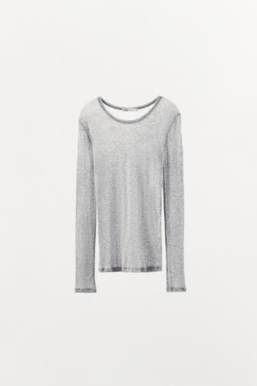 KOKVILNAS T-KREKLS AR GARĀM PIEDURKNĒM - Grey marl no Zara