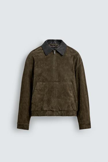 CAZADORA PIEL ANTE CUELLO COMBINADO - Verde de Zara