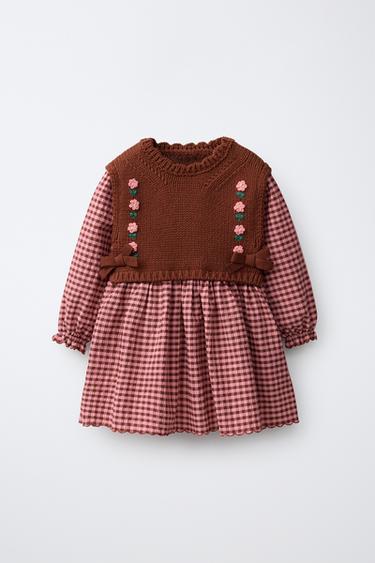 Zara GINGHAM COMBINATION DRESS WITH EMBROIDERED FLOWERS - Fuchsia