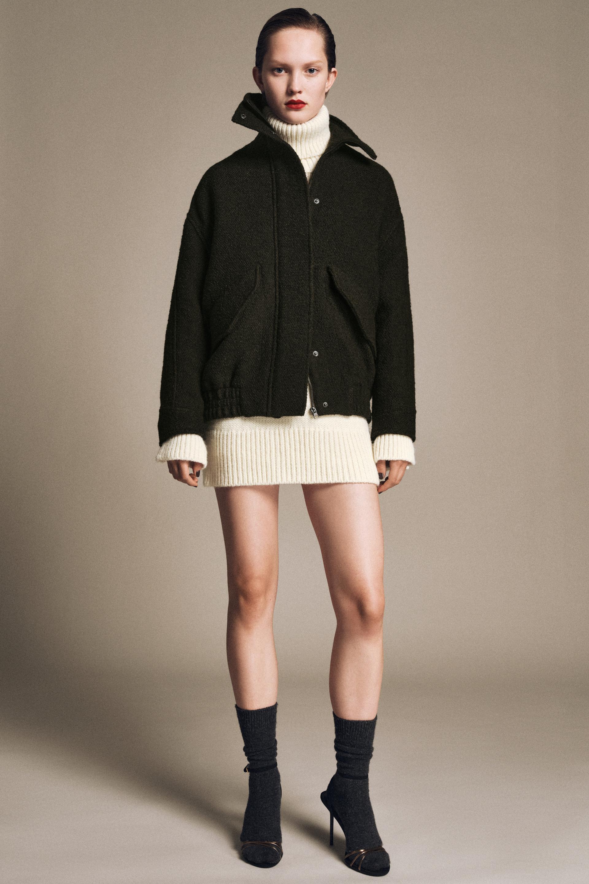 ZW COLLECTION WOOL TEXTURED BOMBER JACKET - Khaki - XS