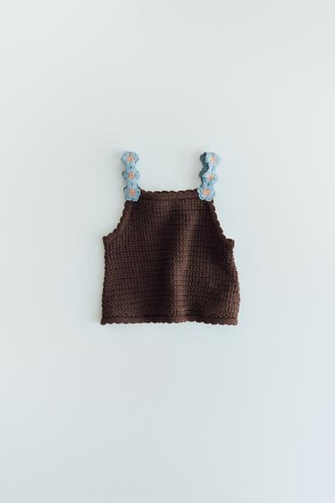 Zara CROCHETED DAISY KNIT TOP - Chocolate