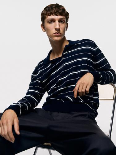 Pull polo à rayures en maille de coton mélangé - Bleu marine de Zara