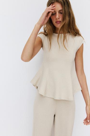 PEPLUM PIQUÉ SHORT SLEEVE TOP - Ecru by Zara