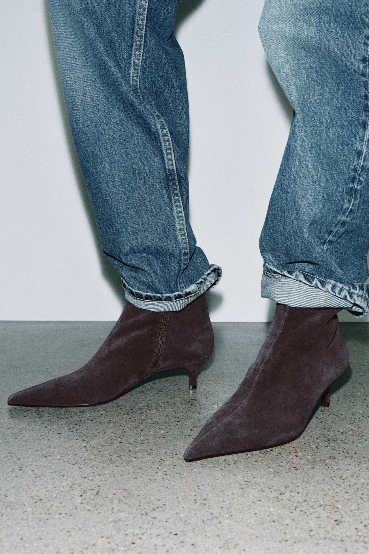 SUEDE KITTEN HEEL BOOTIES — Chocolate Brown