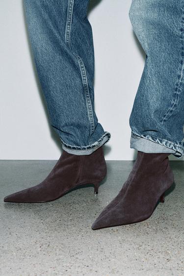 SUEDE KITTEN HEEL BOOTIES — Chocolate Brown 2