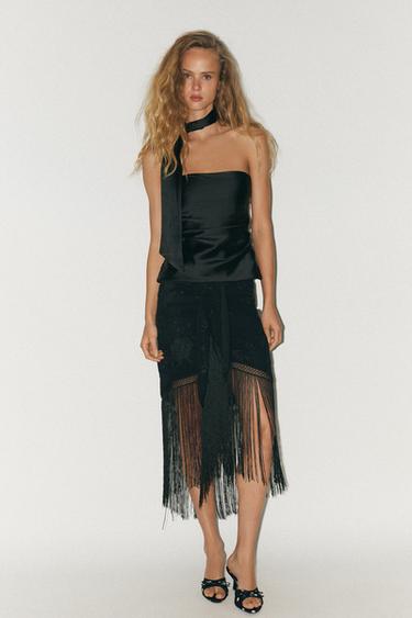 TOP SATINÉ DRAPÉ AVEC FOULARD - Noir de Zara