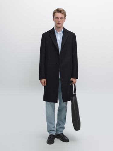 Zara 100% wool long coat with lapel collar - Navy blue - Image 0
