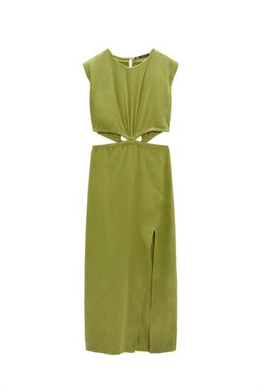 LINEN BLEND MIDI DRESS WITH CUT-OUT DETAIL