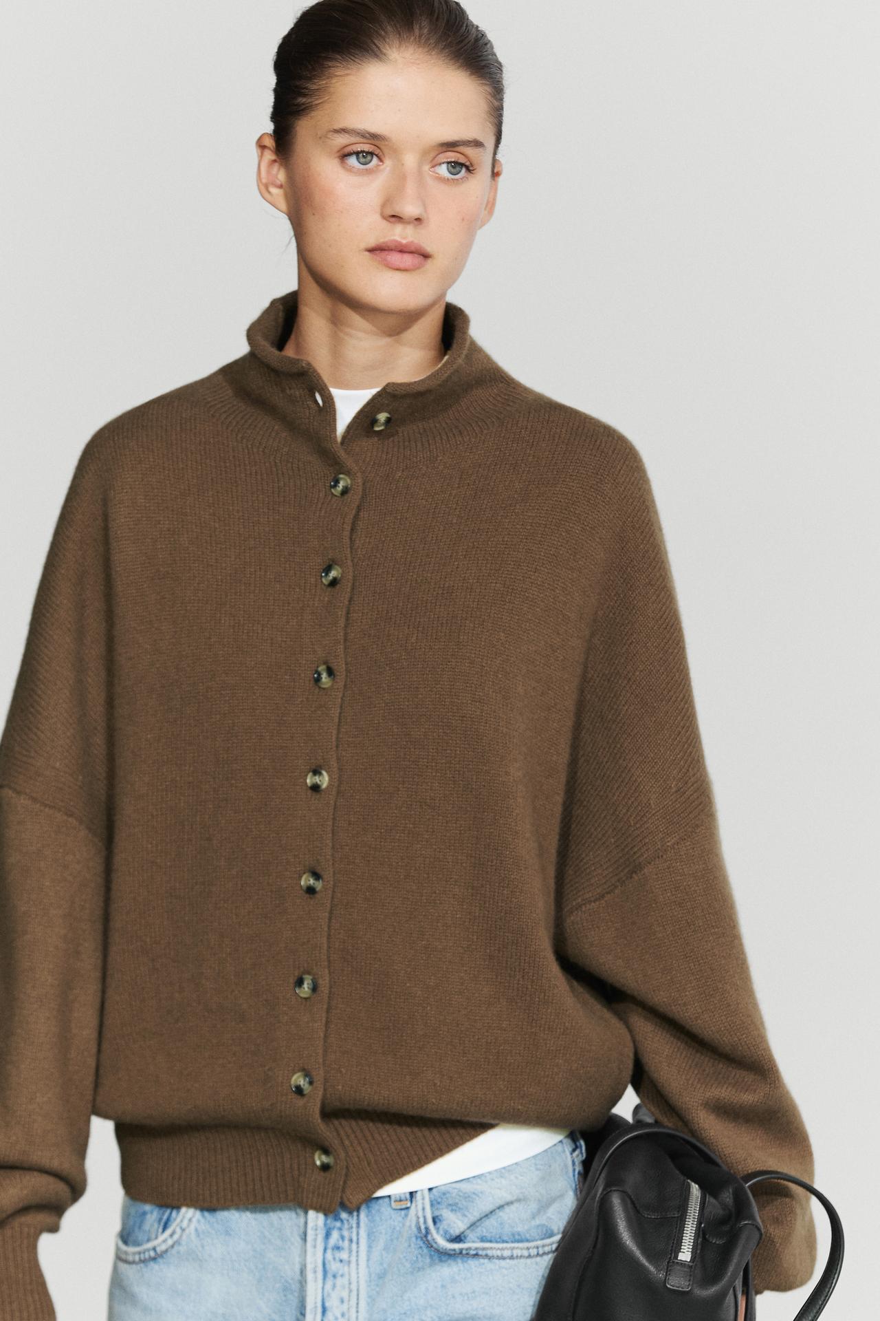 Wool and cashmere knit funnel neck cardigan — Caramel