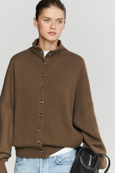 Wool and cashmere knit funnel neck cardigan — Caramel 2