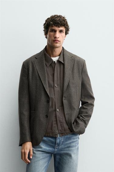 Zara WOOL TEXTURED BLAZER - Dark brown