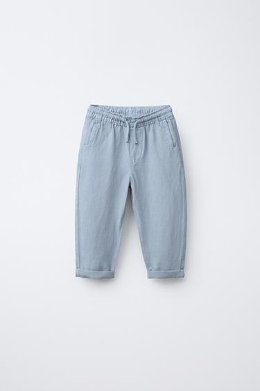 Zara LINEN BLEND STRAIGHT PANTS - Light blue