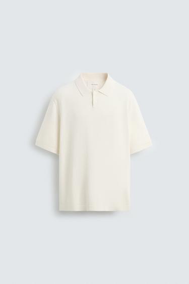 Zara COTTON BLEND KNIT POLO SHIRT - Ecru