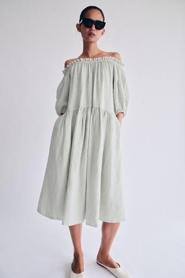 Zara ZW COLLECTION 100%亞麻中長版洋裝 - 湖綠色