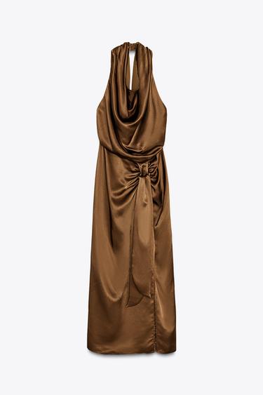 Zara SATIN EFFECT HALTER MIDI DRESS - Brown