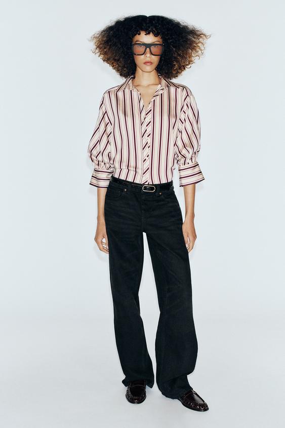 STRIPED ROLLED-UP SLEEVE SHIRT - bordeaux/ecru by Zara - Image 0